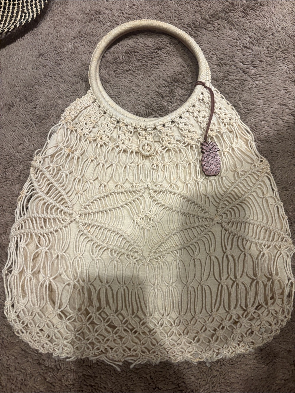 Cream Macramé Handbag with Round Handles